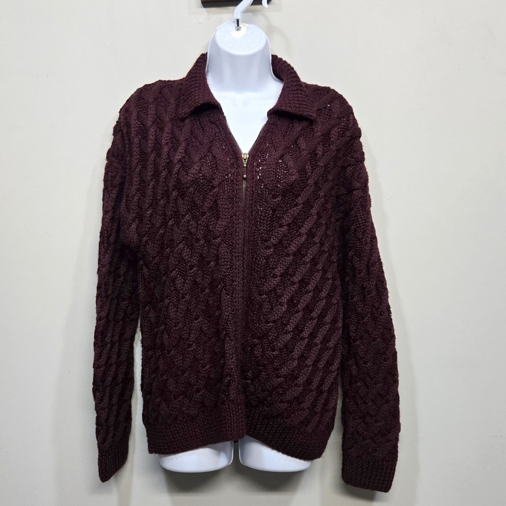 Moda International Cable Knit Cardigan Sweater M Burgundy Fisherman Wool Blend
